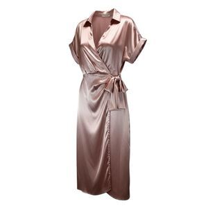 Timing Champagne Satin Surplice Wrap Midi Dress Blush Bridal S NWT